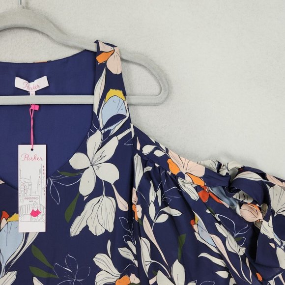 Parker Dress Womens Medium Blue Floral Moondance Shift Cold Shoulder Ruffle NEW - Picture 2 of 13